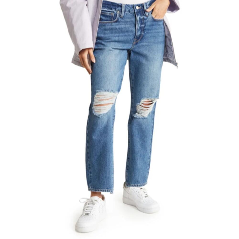 Good American High Rise Distressed Straight Denim Jeans Blue Size 26/2 NEW